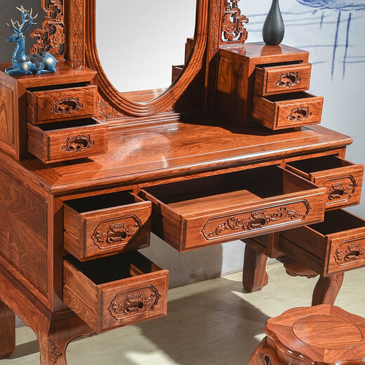 Tianjiang Qicai mahogany furniture Burmese rosewood (scientific name: Big fruit rosewood) all solid wood European style bedroom dressing table dressing stool Fuyun dressing table + stool two-piece set