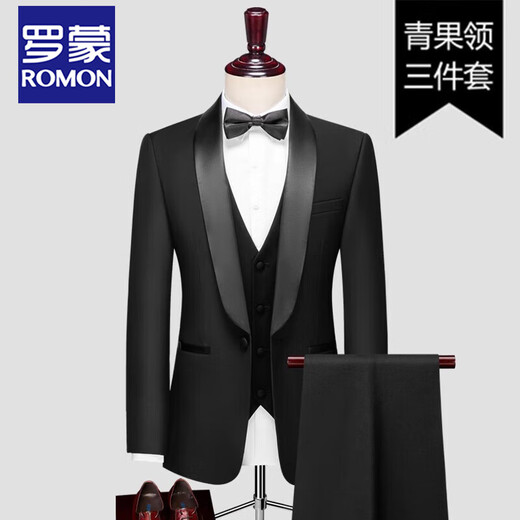 ROMON high-end casual suit men's suit groom wedding dress Korean version slim and handsome business formal suit two-piece suit 3188 black three-piece suit M (80-105)