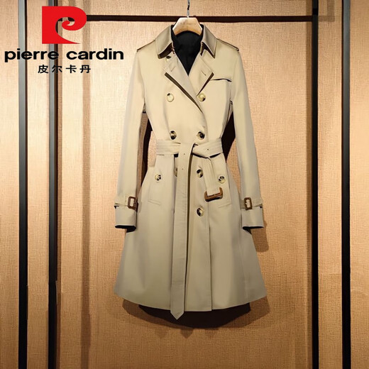 皮尔卡丹（pierre cardin）秋季新.品风衣女长款英伦精品气质卡其色百搭双排扣经典外套 卡其色纯100棉 2Xl建议130-140斤