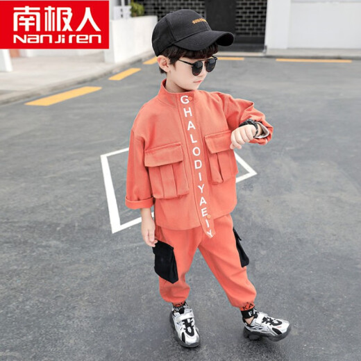 Nanjiren Children's Clothing Boys' Autumn Clothing Medium and Large Children's Workwear Suits Spring and Autumn 2020 New Korean Style Handsome 2-8 Years Old Fashionable Shirt Jacket Overalls Western Style Two-piece Set Trendy Clothes Orange Red 100