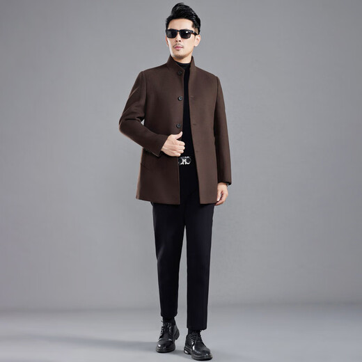 MAYOR Yageo cashmere coat men's business daddy suit double-sided wool coat mid-length stand collar removable down 9688 brown (down liner) L /48