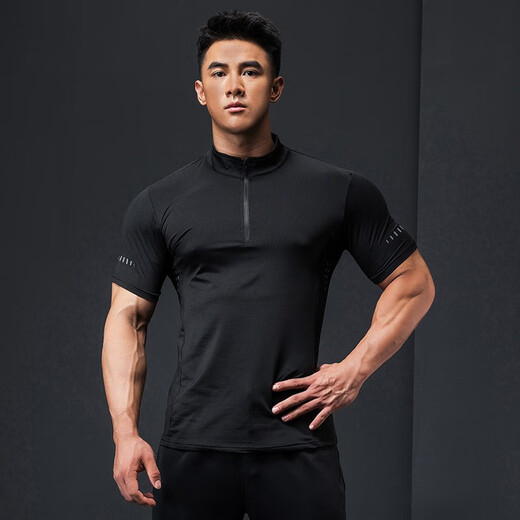 Lutie Dog Fitness Wear Short Sleeve Men's Stand Collar POLO Slim Fit Muscle Showing Quick Drying Breathable High Elasticity Coaching Wear T-Shirt Black XL