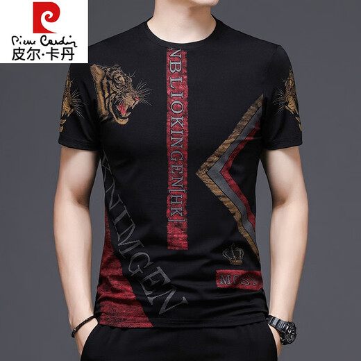 Pierre Cardin Herren Kurzarm T-Shirt New Tiger Print Herren Top Modisch Slim Trend Vielseitig Halbarm 829# Schwarz M 165