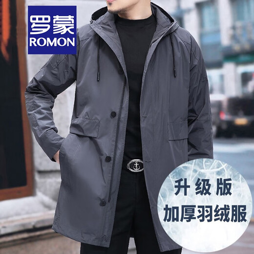 Luo Meng mid-length windbreaker men's autumn and winter windproof and cold-proof down coat for young and middle-aged people, hooded dad jacket FY192213 gray spring and autumn style XL 180 recommended 130-140 Jin Jin equals 0.5 kg