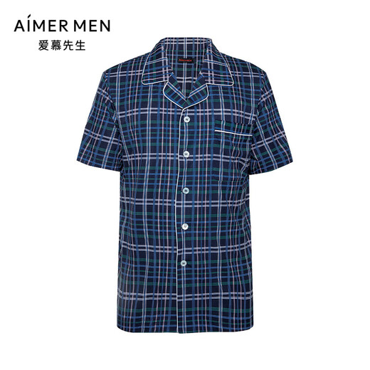 Mr. Aimu [gleicher Stil im Einkaufszentrum] 22SS verwöhnt seidige Plaid-Männer-Pyjamas Home Revers Strickjacken kurzärmelig NS41F684 Dunkelblau Plaid YH8 XL (175)