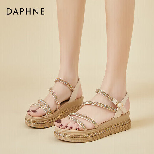 
Daphne wedge sandals for women soft sole comfortable thick sole sponge cake shoes for women fashionable cowhide lightweight and versatile height-enhancing women's shoes 4622303017 Beige 38