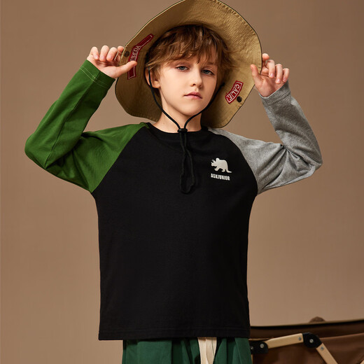 ASK JUNIOR男童长袖T恤秋装儿童印花撞色跑步打底衫 黑色 170