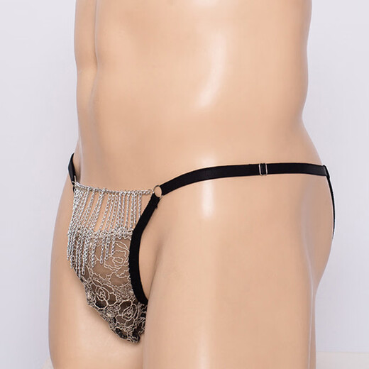 Men's sexy European and American chain lace see-through hollow men's thong sexy underwear red one size