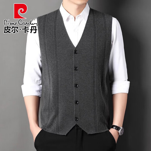 皮尔卡丹（pierre cardin）春秋针织西装开衫马甲坎肩羊毛开口背心男士薄款爸爸外穿马夹褂子 中灰色 L 175