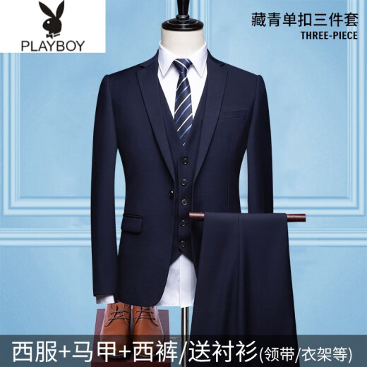 Playboy Brand Official Store Suit Suit Men's Three-piece Business Professional Suit Small Suit Korean Slim Groomsman Groom Wedding Dress Navy Single Button Suit+Pants+Shirt+Vest 4XL