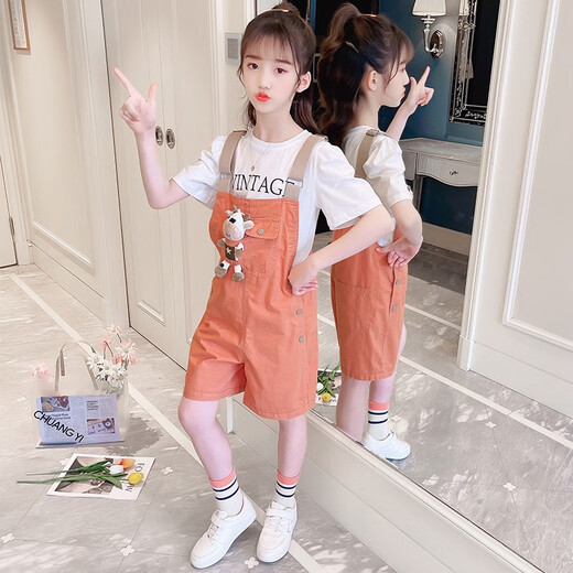 小咕嘟熊童装女童套装夏装中大儿童装休闲短袖两件套小女孩衣服背带裤服装 粉色 160