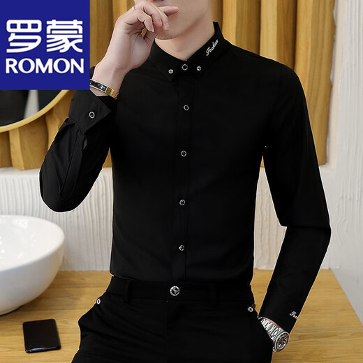 
ROMON solid color casual shirt men's long-sleeved spring and summer slim-free black shirt formal cotton white shirt middle-aged and young 829 black [micro-elastic anti-wrinkle] thin model 3XL reference 155-170Jin [Jin equals 0.5 kg]