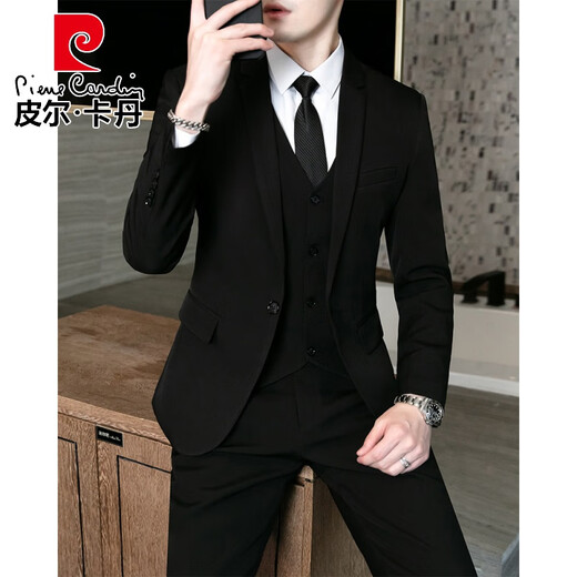 皮尔卡丹（pierre cardin）男士西服套装韩版商务职业正装伴郎修身毕业礼服结婚西装三件套男 两扣黑色【西服+裤子+衬衫】腰带 M