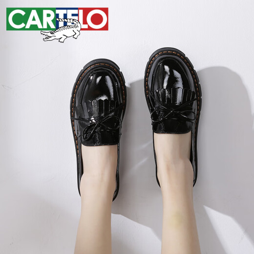 CARTELO crocodile CARTELO single shoes, versatile college style bow small leather shoes for women KDLYJ-WF101 black 38