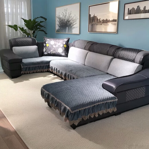 Four-season universal fully non-slip U-shaped sofa cushion full set of imperial concubine left and right universal sofa cushion back cover Dutch velvet gray three-piece set cushion