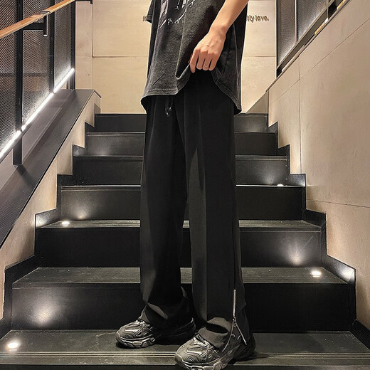 Pantalones casuales de niebla Pantalones casuales Men's Spring y Autumn American High Street Slit Pantalones Pantalones de seda de hielo al aire libre Pantalones rectos sueltos MF-2307 Negro XL (recomendado 130-140Jin [Jin iguala 0.5 kg])