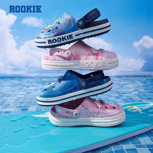 ROOKIE children's shoes, boys' and girls' clogs, summer new children's beach toe-cap sandals, with 6 cartoon buckles, feather white/midnight blue 31 32, suitable for feet 19.5-200cm long