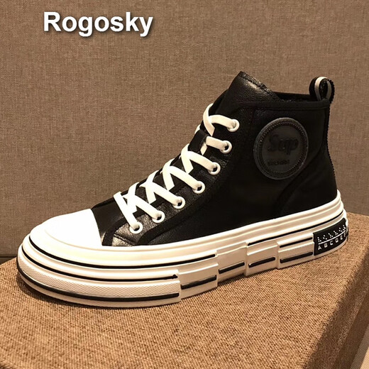 Rogosky Hong Kong trendy brand winter high-top men's shoes for top layer cowhide shoes lace-up casual non-slip thick-soled Martin boots men's white (leather) 44 (leather shoe size)