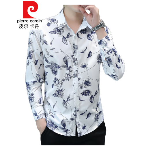 
Pierre cardin printed shirt men's long-sleeved youth floral pattern pure cotton thin slim and fashionable casual floral shirt trendy 723 blue XL 120-133Jin [Jin equals 0.5 kg]