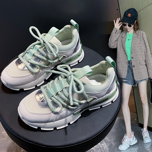 Women's Shoes 2020 Autumn New Casual Shoes Cool Breathable Dad Shoes Women's Autumn Ins Trendy Versatile Thick-Soled Casual Foot Showing Primary School Students Sports Shoes Green Size 37