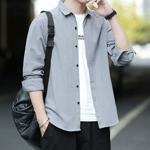 花花公子（PLAYBOY）长袖衬衫男士春夏季纯棉衬衣工装宽松商务休闲外套保龄球上衣服秋 浅蓝色【长袖款】 L