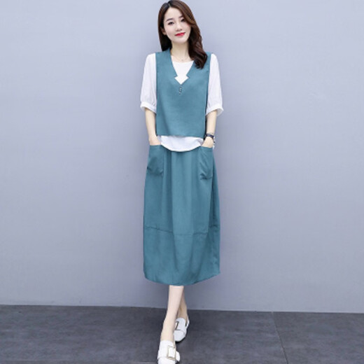 Qing Yise fashion suit for women 2020 summer new fashion cotton and linen loose vest casual T-shirt elastic waist skirt loose three-piece dress for women blue M