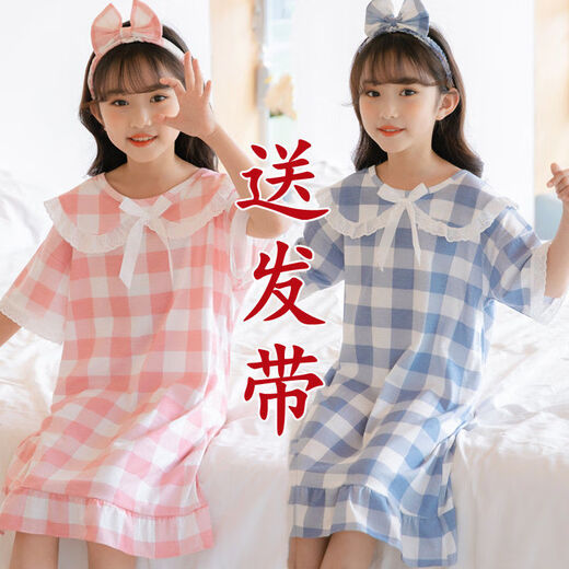 护子鸟儿童睡裙短袖卡通纯色棉2-14岁小孩子穿的夏季中大童小女孩家居服 HH短裙翻粉格子发带 110 12码身高-12048斤内