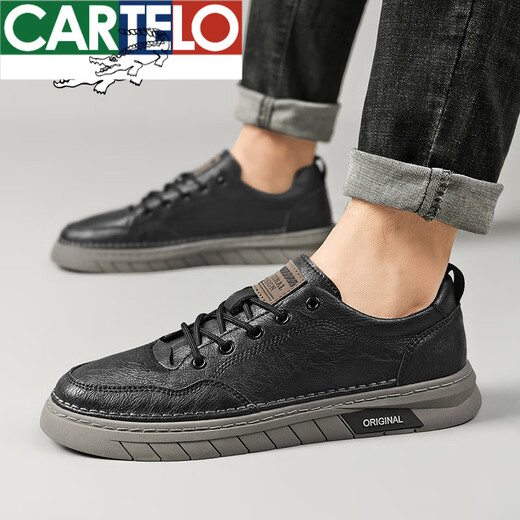 卡帝乐鳄鱼（CARTELO）品牌鳄鱼板鞋男2025男士休闲皮鞋春秋真皮男鞋软底秋季透气上班鞋 黑色-冰丝透气-6624D 41 标准运动码数