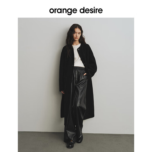 orangedesire复古质感简约直筒裤松紧腰皮裤2024冬季新款宽松 雅黑 -9903 XS