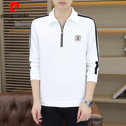 Pierre Cardin sweatshirt men's spring and autumn Korean version slim fit trendy brand lapel long-sleeved T-shirt thickened handsome inner layering shirt top white XL 130-145Jin Jin equals 0.5 kg