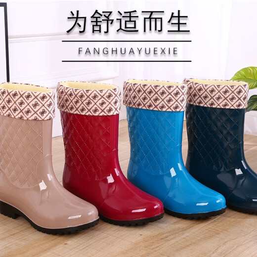 侗宜轩新款中筒加绒雨鞋雨靴防水鞋胶鞋套鞋水靴女时尚成人防滑高筒雨鞋 卡其色+棉套 37