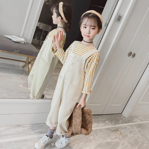 Xiaoguai childhood little girl's spring clothes girls overalls suit spring and autumn 2020 new style medium and large children 8 western style 9 stripes 10 two-piece set 12 children 13 years old yellow 140 (recommended around 135cm)