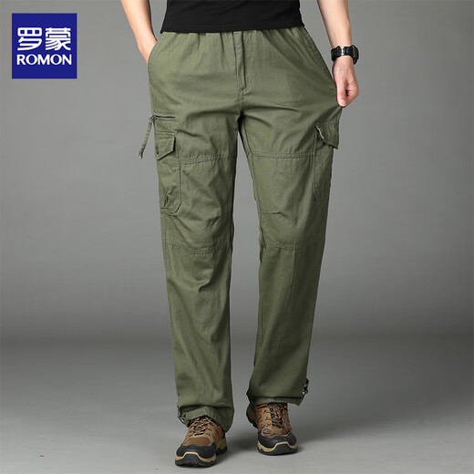 Luo Meng Overalls Men's Pure Cotton Autumn New Style Young and Middle-aged Pants Loose Straight Men's Casual Pants Outdoor Wear-Resistant Men's Pants J18 Dark Green Single Piece XL About 140-160 Jin Jin is equal to 0.5 kg