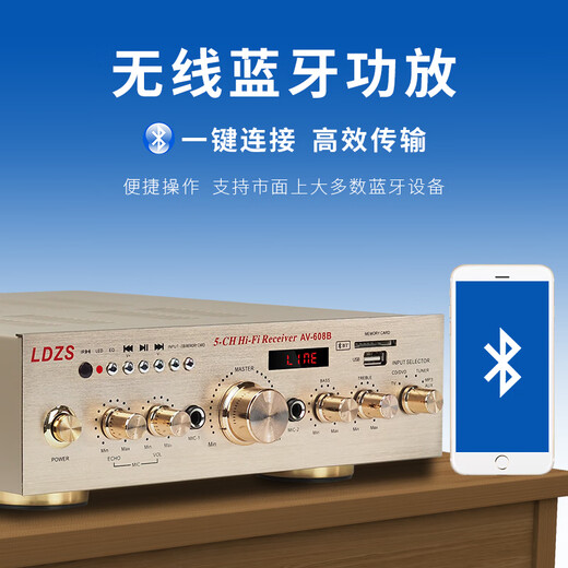 LDZS220V大功率蓝牙功放机家用K歌U盘插卡发烧5.0环绕立体声舞台400WHifi空放机 608B金色