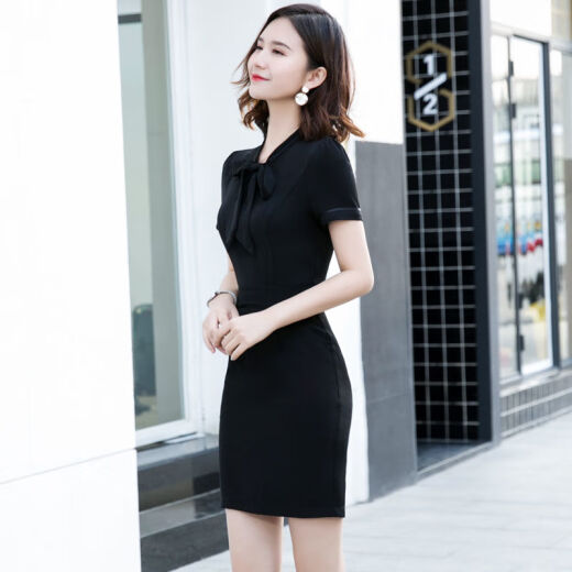 Mrs. Yan short-sleeved dress 2020 spring and summer new style mid-length suit skirt with hip waistband women's bow work clothes black S90Jin [Jin equals 0.5 kg] or less