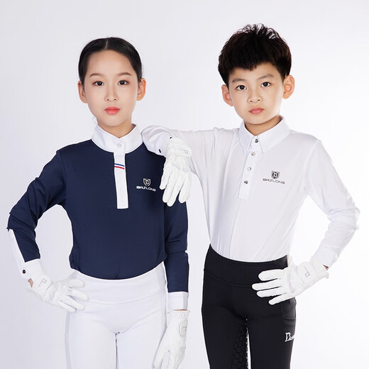 BASLONG equestrian clothing children's T-shirt top long-sleeved sun protection polo shirt boys and girls riding competition knight clothing boys white 120