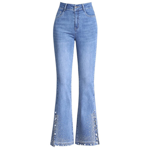 Light luxury nine-point slightly flared jeans for women 2025 new high-waisted slim small side slit slit bell-bottom pants for women blue 6621 spring and summer thin 4XL /32 145-155Jin [Jin equals 0.5 kg]
