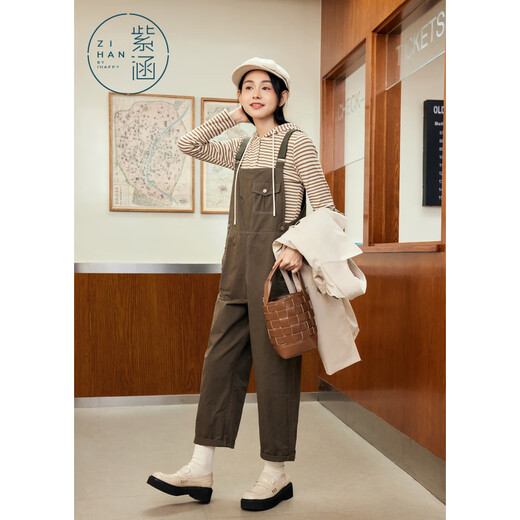 Zihan (ZIHAN) Zihan retro striped sweater + small overalls two-piece suit for women, spring, moss green XL