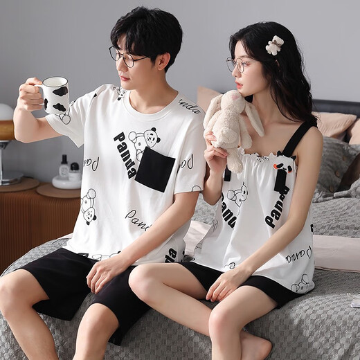 Daizixin 2 ensembles de pyjamas de couple pour les bretelles d'été pour femmes, ensemble en deux pièces de coton pur à manches courtes à manches minces d'été pour hommes DD9904 Femmes M + hommes XL