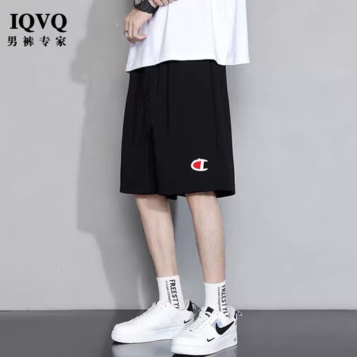 IQVQ light luxury high-end brand casual pants for men's summer new shorts sports loose straight joint clutch pants black letter C 2XL (recommended 130-150Jin [Jin equals 0.5 kg])