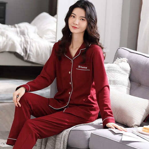 安桂芬睡衣女春夏季纯棉质长袖开衫翻领套装秋季新品韩版甜美纯色舒适休闲居家宽松加大码胖MM少女士家居服 9901宝石红 XL