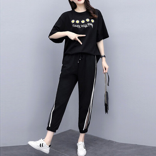 
Shanidoluo large size women's suit female fat mm summer fat man looks slim and fat plus size women's loose casual suit 16014 black-little daisy 15911 XL (recommended 115-130Jin [Jin equals 0.5 kg])