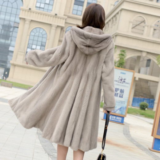 Mink fur coat women's whole mink fur mid-length coat Haining 2019 winter new style with hooded fur gray L