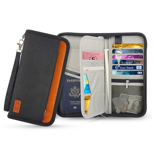 Sky Forest Passport Bag Travel Document Storage Ticket Clip RFID Card Bag Multi-function Zipper Passport Clip Black