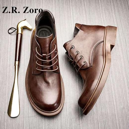 Z.R.Zoro品牌马丁靴男士英伦风中帮靴子2025夏季新款系带时尚软底百搭短靴 红咖色内增高 41