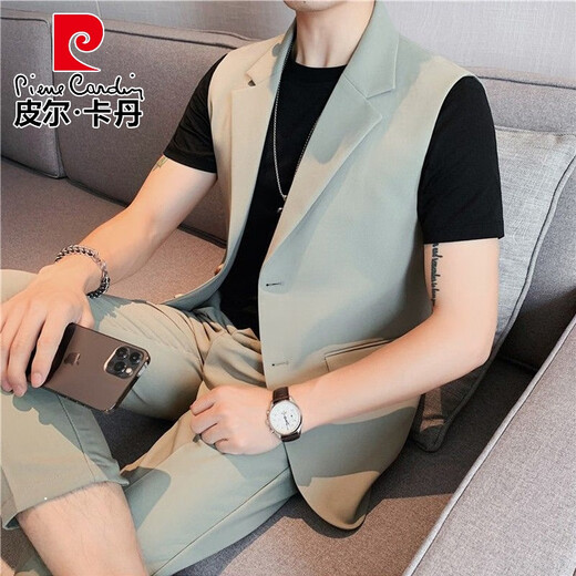 皮尔卡丹（pierre cardin）2025夏季新款男装痞帅高级感夏天无袖马甲西服西装纯色外套上衣薄 米白色 单件马甲 M 90-110斤