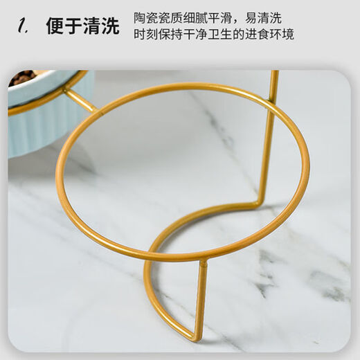 Naughty nest cat bowl with high legs and neck protection, double bowl fixed frame to prevent overturning pet cat and dog food bowl and water bowl, tilt to protect cervical vertebra, pretty powder, anti-black chin, gold frame + anti-slip pad, two bowls