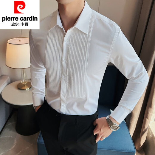 Pierre cardin groom wedding shirt men's long-sleeved fashion pleated dress shirt trendy slim men's wedding banquet performance shirt white 3XL