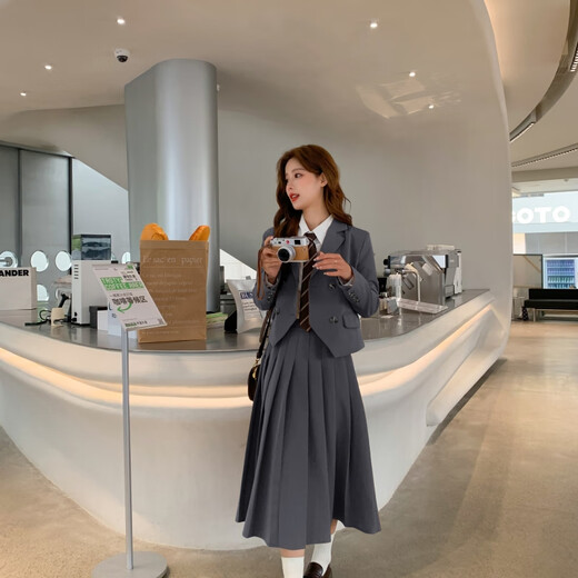 Customized (CECAI) college style gray suit for women 2025 spring new loose slim suit pleated skirt two-piece set black (suit + shirt + skirt) S