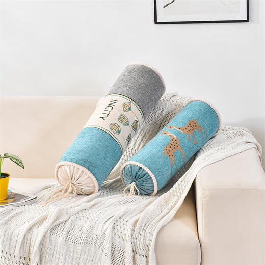 Jingshengshu New Chinese sofa head pillow cylindrical long strip pillow cushion Chenille candy pillow cylindrical foot pillow strip green plus yellow 15x50cm only pillow case without core